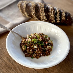 Salade de lentilles assaisonnée avec L'Oustau de Camille Courgette, Olives vertes et Thym